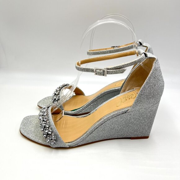 Jewel Badgley Mischka Size 9.5 Peggy Silver Jeweled Wedges Dress Sandals Shoes - Picture 6 of 13